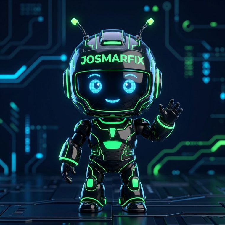 Nova, la mascota robot de JosmarFix: robot negro con luces verdes y azules
